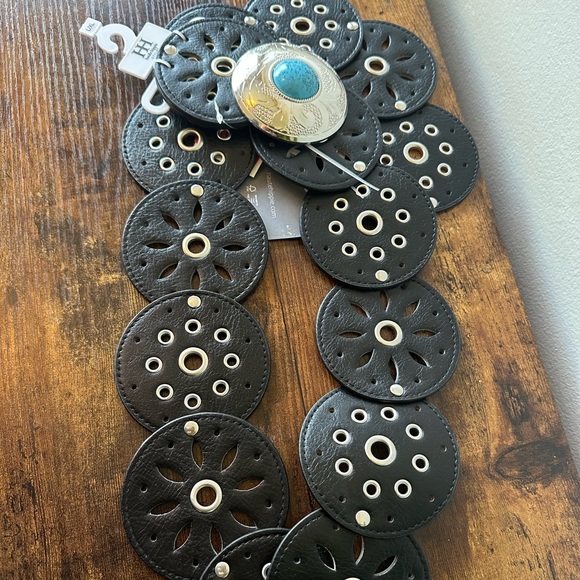 Haute Hippie Black Faux Leather Disc Belt Silver Accents Western Bohemian NWT - Picture 2 of 7